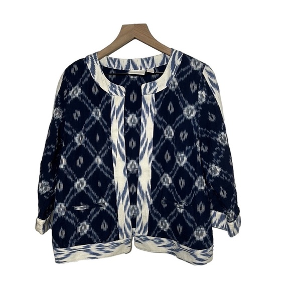 Chico’s Women’s Ikat Print Cotton Open Blazer Navy White Lightweight Size 1 M - Picture 3 of 8